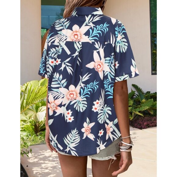 Women Dark Blue Hawaiian Button Down Shirts Short Sleeve Casual Floral Shirt - Picture 5 of 7
